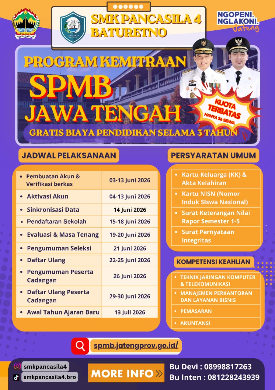 SMK Pancasila 4 Baturetno Buka Program Kemitraan SPMB Jawa Tengah 2026
